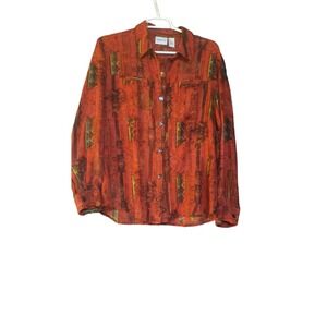 Chicos 100% Silk Blouse Size 1 Red Sheer Chiffon Button Up Colorful Wearable Art